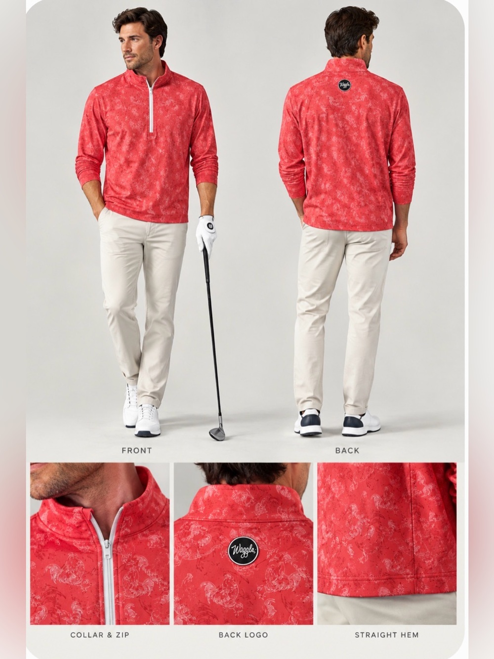Waggle Golf Cocky Rooster Quarter Zip Pullover L Coral Red Performance NWOT